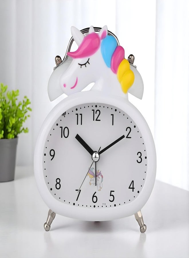 De'rons Twin Bell Analog Table Alarm Clock with Backlight for Heavy Sleepers Loud Alarm Clock for Students Funny Cute Cartoon Unicorn Shape Alarm Clock for Girls Kids Boys Bedroom 13.5 x 10 cm (White) - Image 1